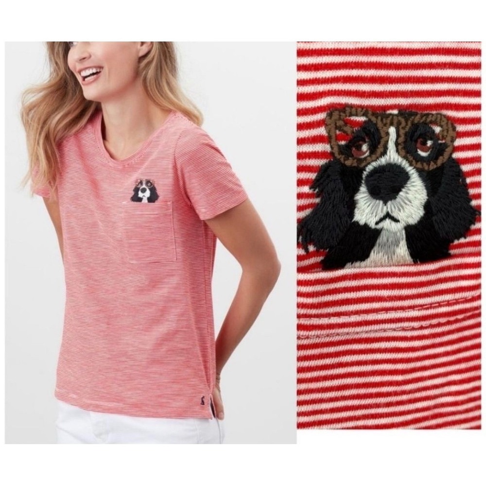 Joules Carley Print T-Shirt Womens US 22 Red‎ Striped Spaniel Dog Boxy Tee